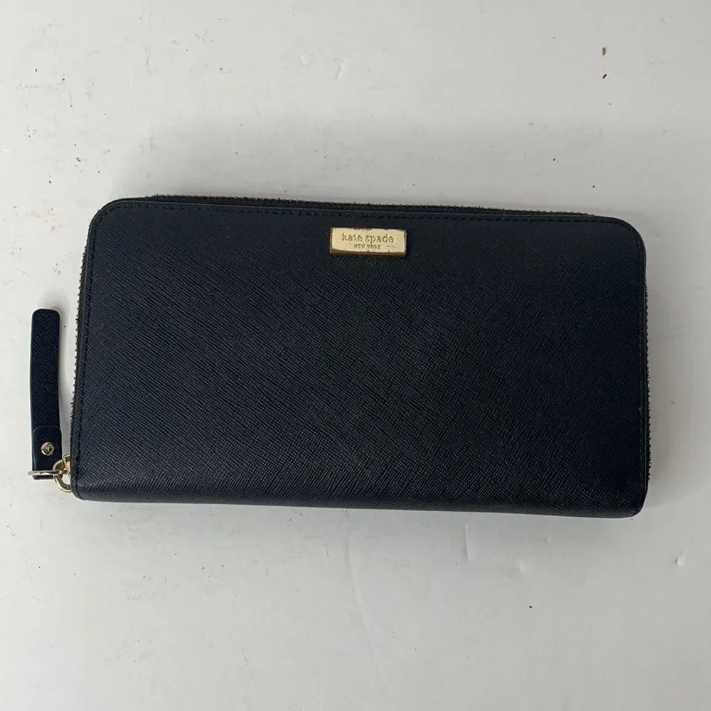 Kate Spade Newberry Lane black crossgrain leather continental zip-around wallet